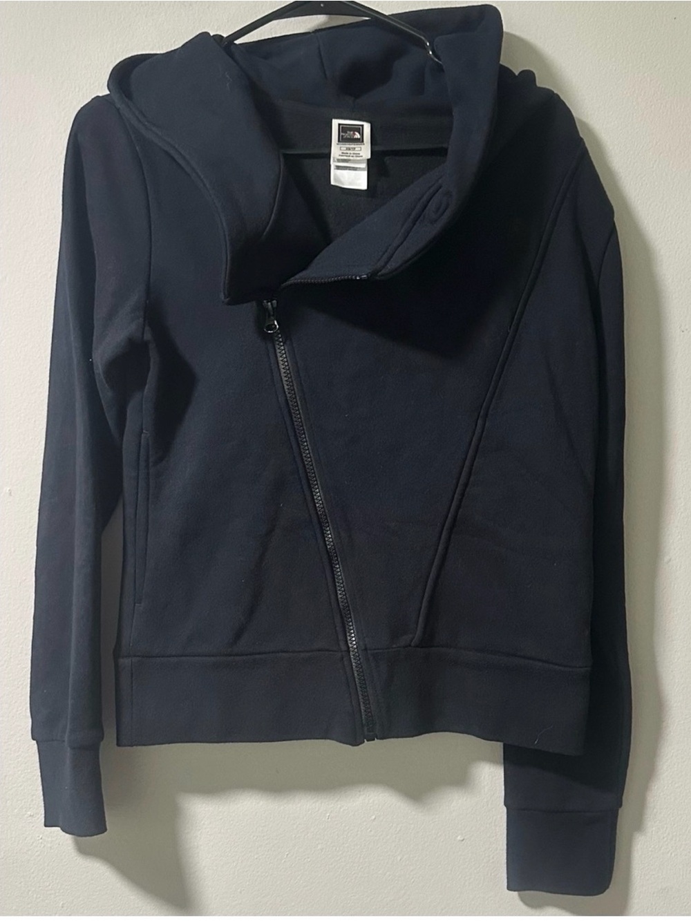 The North Face Navy Asymmetrical Zip Hooded Bomber Jacket